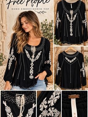 Free People Black Boho Embroidered Long-Sleeve Top